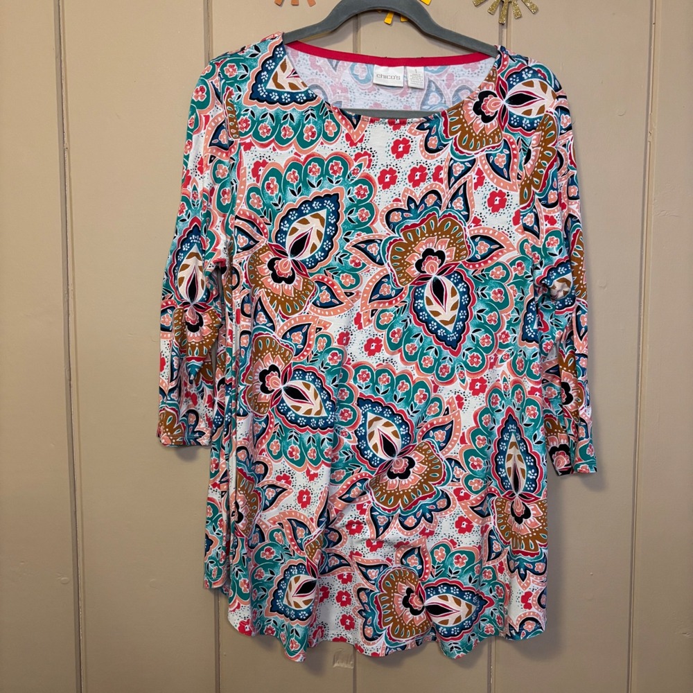 Chicos Paisley Floral 3/4 Sleeve Knit Tunic Pink Teal Size 1 Medium 570227038